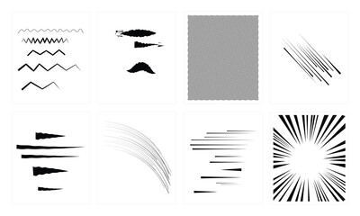 Fototapeta premium Comic book style speed lines and radial burst elements on square white backgrounds set