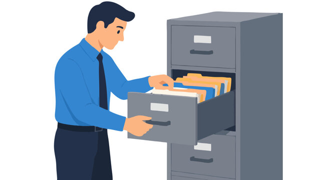 Professional man opening a filing cabinet drawer full of colorful document folders, office file organization and records management concept, bold flat vector illustration for business