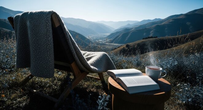 Cozy Outdoor Reading Nook Chair Book Hot Drink with Scenic Mountain Valley View at Sunrise