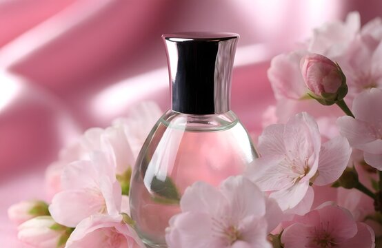 Glass perfume bottle with pink flowers