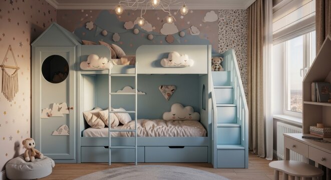Cozy Pastel Bunk Bed Room for Kids with Cloud Decor and Toys Interior Design Concept