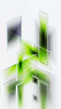Floating translucent glass panels form a layered green and black composition. Soft gradients and reflections create a futuristic architectural abstraction. 3d render illustration.