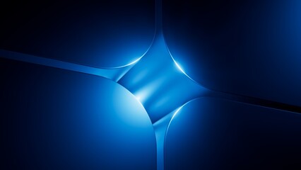 Fototapeta na wymiar Glowing blue abstract cross emerges from smooth dark curved forms. Intense neon light and fluid geometry create a sleek futuristic background. 3d render illustration.