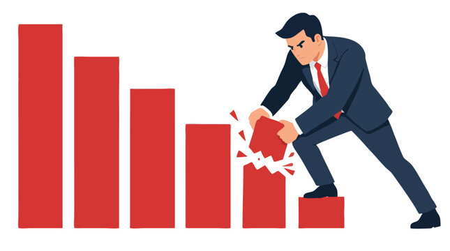 A determined businessman in a dark navy blue suit breaks a downward descending red bar chart with his bare hands to stop declining corporate revenue in this flat vector concept illustration
