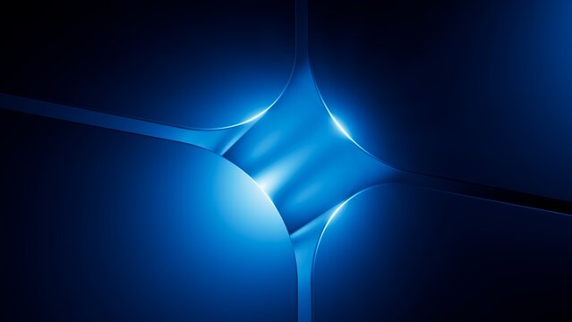 Glowing blue abstract cross emerges from smooth dark curved forms. Intense neon light and fluid geometry create a sleek futuristic background. 3d render illustration.