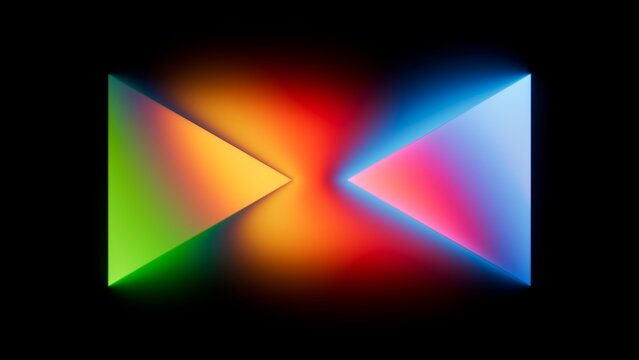 Abstract minimalist background. Two triangles with multicolored spectrum gradients, illuminated with neon light. 3d render