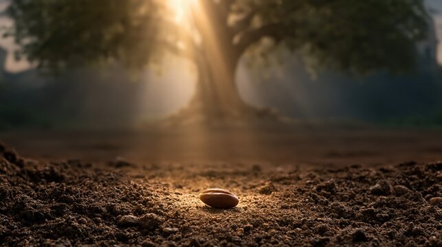 Tiny mustard seed illuminated on dark soil with a flourishing tree emerging behind it, symbolizing faith, growth, and transformation.