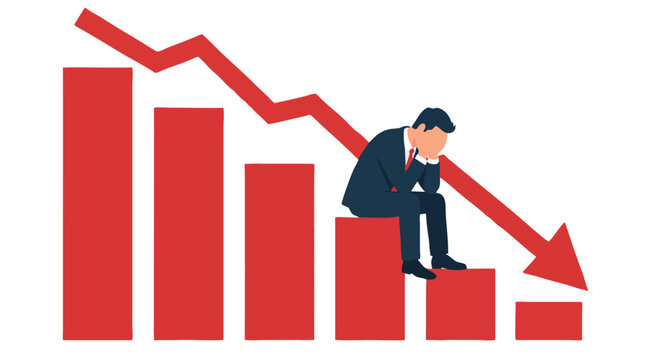 Depressed businessman in suit sitting with head in hands on declining red bar chart with downward arrow symbolizing financial crisis, unemployment, business failure and stock market crash