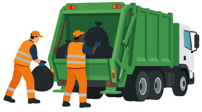 Two municipal sanitation workers in orange safety vests tossing black trash bags into the compactor hopper of a green garbage truck in vector format showing public waste management