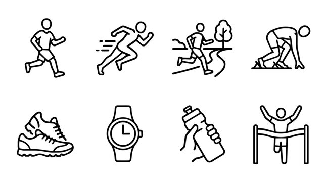 Running and marathon line icons collection with athletes, sprinting, trail running, sports shoes, stopwatch, hydration and finish line