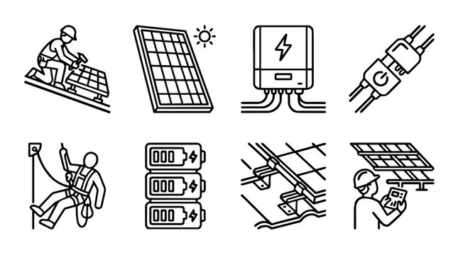 Solar panel installation and renewable energy line icons collection with technician, photovoltaic modules, inverter, batteries and electrical connection