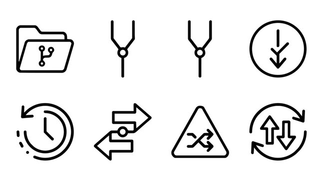 Version control and data synchronization line icons collection with branching, download, history, transfer, shuffle and update workflow symbols