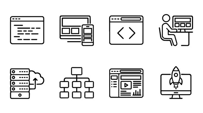 Web development and website design line icons collection with coding, responsive layout, programmer, servers, sitemap, analytics and digital launch
