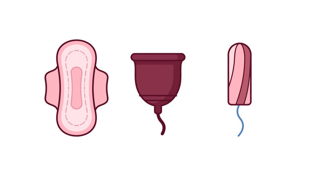 Menstrual Hygiene Essentials featuring flat vector icons of a sanitary pad, menstrual cup, and tampon on white background, ideal for women's health blogs and feminine care marketing.