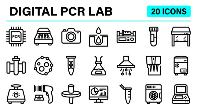 Digital PCR lab icons represent advanced molecular biology equipment and automated systems used for precise nucleic acid amplification and analysis.
