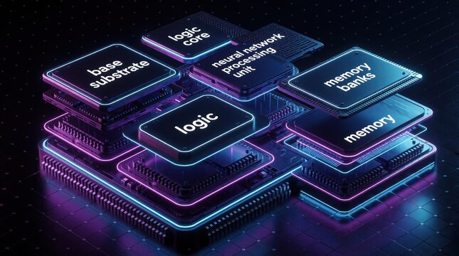 3D render of layered AI processor chip architecture with labeled components. Neural network processing unit, logic core, memory banks, base substrate glow with neon purple light. High tech