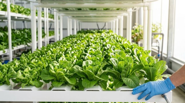 Rows of fresh green lettuce in a vertical hydroponic farm, a gloved hand tending to the plants, highlighting sustainable agriculture and healthy food production
