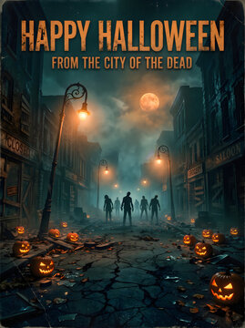 Zombies walking down dark street with streetlamps and carved pumpkins in spooky city.