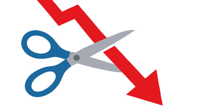 Large silver scissors with blue handles snipping through a descending red zigzag arrow graph line to halt its sharp decline, vector graphic representing crisis intervention and loss prevention
