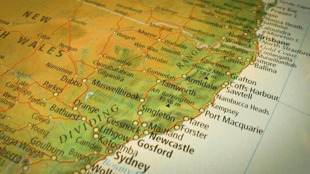 Sydney to Brisbane, Australia &ndash; flyover of physical atlas map with smooth gliding movement