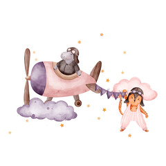 Watercolor illustration hippopotamus wearing a vintage aviator helmet and goggles, cheetah pilot, pink clouds, decorative bunting. Isolated on a white background. © Linerisy