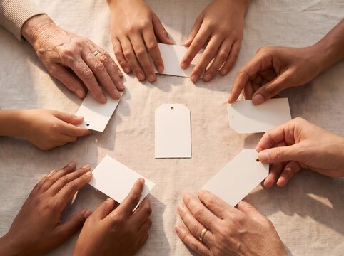 Overhead View of Diverse Hands Holding Blank Tags Representing Community and Shared Identity with Copy Space on Textured Fabric.
