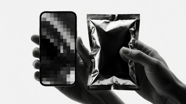 Human hands hold smartphone with pixelated screen, silver foil packet. Person uses mobile device near food pouch. Concept of digital privacy, data security, censored content glitch effect on