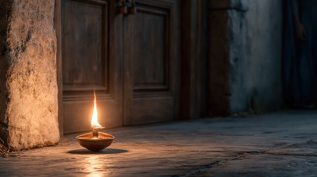Single oil lamp burning beside a closed wooden door, symbolizing readiness, vigilance, and faithfulness in a biblical setting.