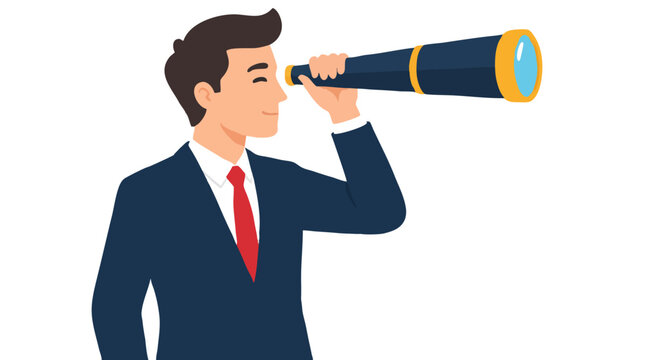 Smiling businessman in a navy suit and red necktie looking through a handheld nautical spyglass telescope toward the future in this forward-looking market vision and strategy vector scene
