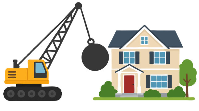 A yellow construction crane swinging a heavy iron wrecking ball toward a peaceful two story suburban family home vector depicting urban redevelopment property demolition and eviction threat