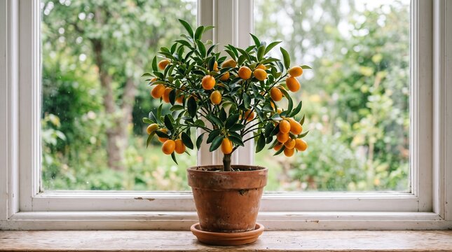 Potted Kumquat Tree Laden With Ripe Orange Fruits On A Windowsill With Greenery Outside