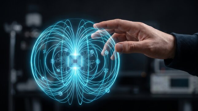 Human hand interacting with a glowing holographic microchip processor emitting electromagnetic field lines in a dark laboratory