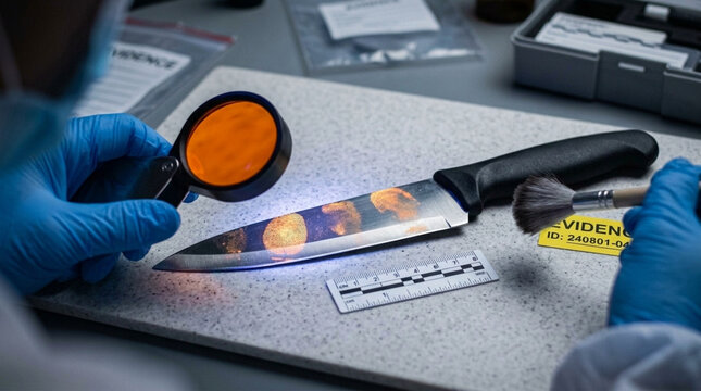 Forensic expert examines knife with fingerprint dust and UV light evidence collection in crime scene investigation lab