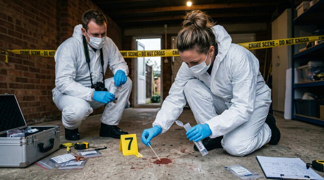 Forensic Investigators Examine Blood Spatter Evidence at Crime Scene