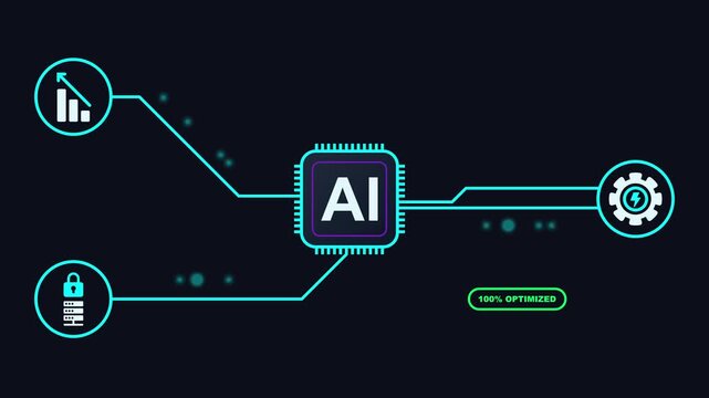 Artificial Intelligence business automation network with neural processor, data analytics, cloud security, and workflow optimization nodes. Smart digital technology integration concept, motion graphic
