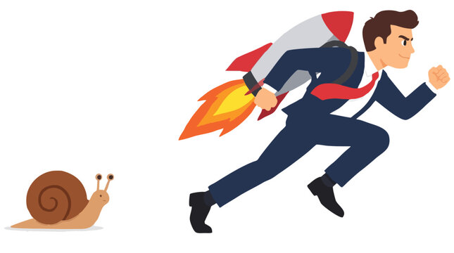 Determined businessman propelled by a fire-spitting backpack rocket booster sprints swiftly ahead leaving a sluggish brown garden snail far behind in creative competition flat vector style