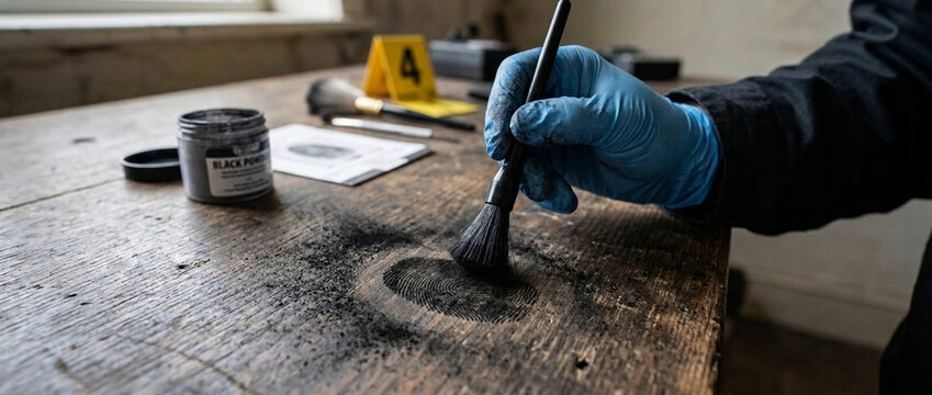 Forensic investigator dusting for fingerprints on a wooden surface with black powder and brush crime scene investigation