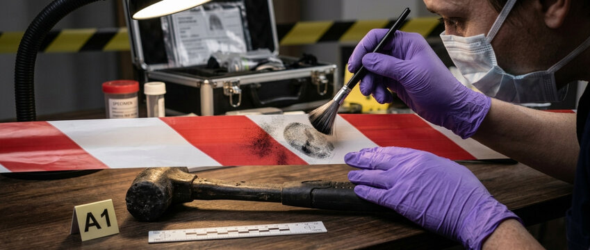 Forensic investigator dusting for fingerprints on crime scene evidence including a hammer and caution tape