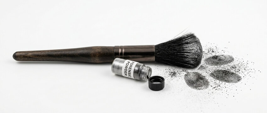 Forensic Fingerprint Powder and Brush with Fingerprints Crime Scene Investigation