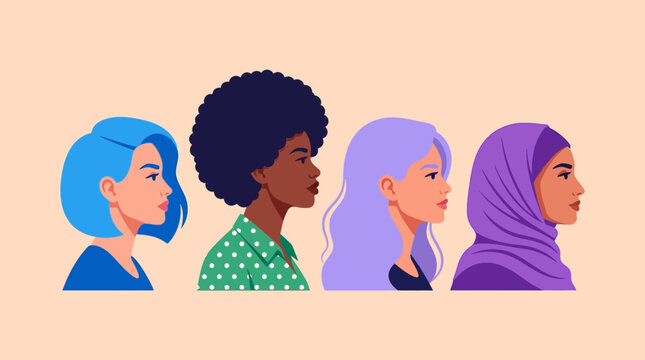 Diverse Women Profile Illustration featuring four multi-ethnic female characters with different hairstyles and a hijab in flat vector style ideal for international women's day and inclusion.
