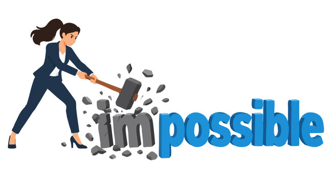 Fierce businesswoman in dark tailored suit swings a heavy wooden sledgehammer to smash the prefix letters of the word impossible so only the word possible remains in bold flat vector style
