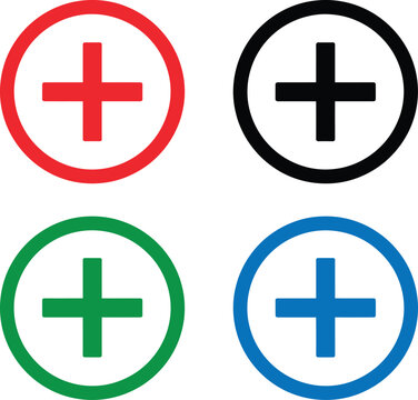 Set of four colorful plus sign icons inside circular borders for web and mobile interface design