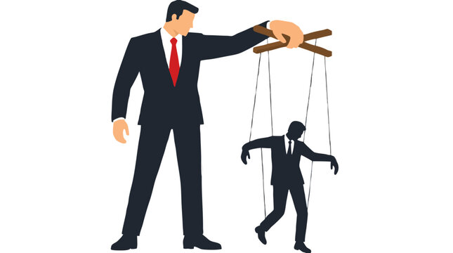 A giant domineering corporate boss controls a small suited businessman puppet on strings with a wooden marionette cross in this powerful vector representing workplace control and manipulation