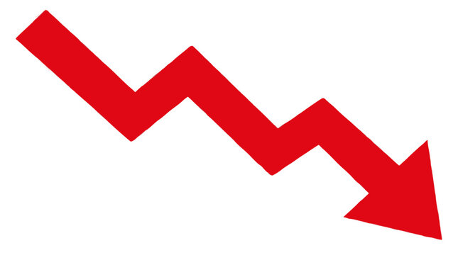 Downward trending jagged red arrow declining sharply indicating financial drop loss percentage decrease and economic recession on solid white background in clean flat vector style design
