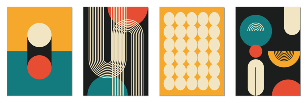Set of four abstract geometric mid century modern art prints with retro shapes