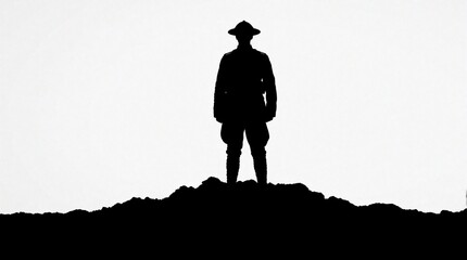 Fototapeta premium Black silhouette of British soldier standing on hill. WW1 infantry man in historical military uniform posing against white background. Veteran icon for war remembrance, military history, army
