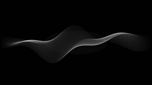 Abstract white digital particle wave oscillating with fluid motion against a black background.