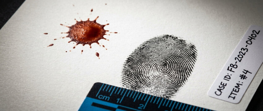 Forensic Evidence Fingerprint Blood Spatter and Ruler on Paper with Case ID Tag