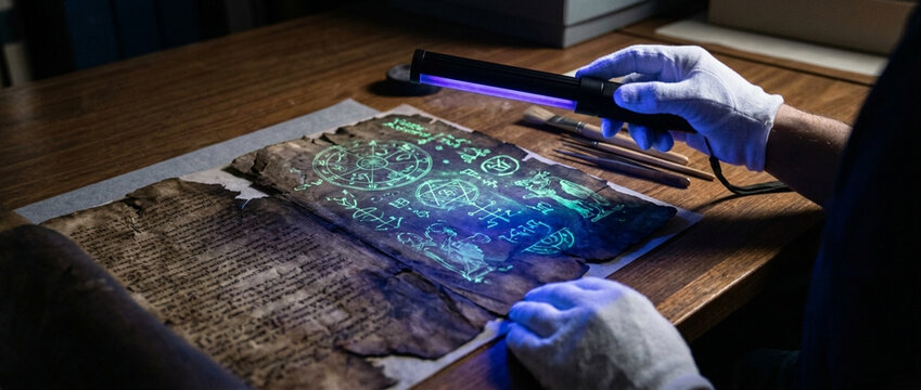 Forensic analysis of ancient manuscript with UV light revealing hidden text and symbols on aged parchment