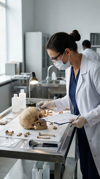 Forensic Anthropologist Examining Human Skull and Bones in Laboratory Setting